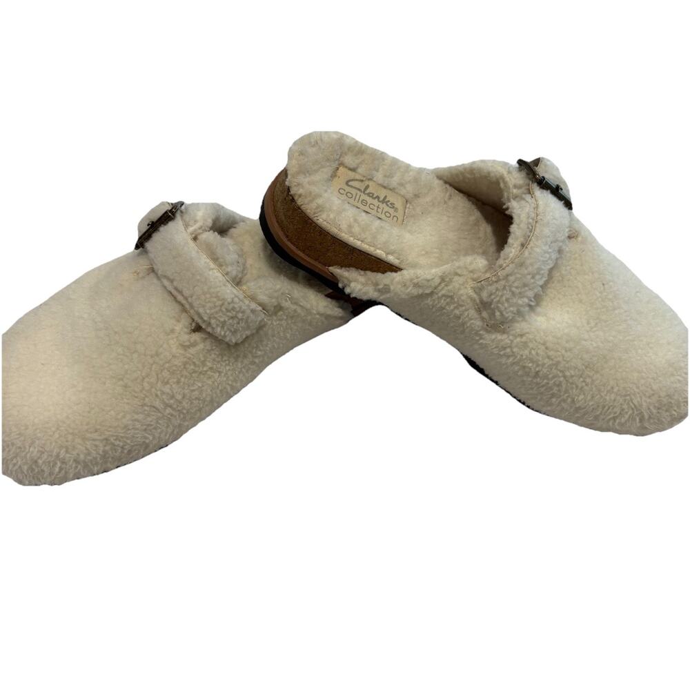 Clarks Ivory Faux Fur Buckle Clog Slippers‎ Women's 6.5 Collection Cozy Vibes